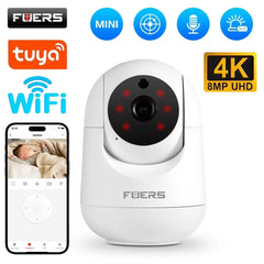 Smart home security camera with 4K resolution, WiFi, and Tuya branding on a white background.