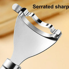 Metallic apple peeler with serrated edge on a wooden background