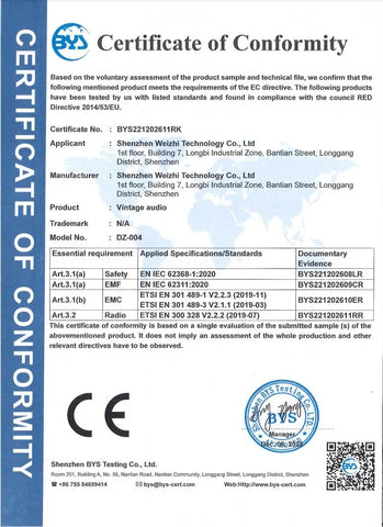 Certificate of Conformity for vintage audio equipment with certification logos and text.