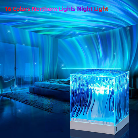 Blue 'Northern Lights' night light in a modern bedroom setting with text indicating 16 colors.