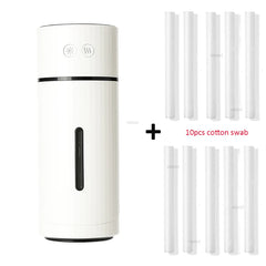 White electronic device with black accents and 10 cotton swabs on a white background