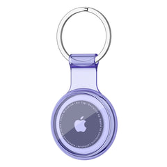 Purple Apple AirTag with keychain on a white background