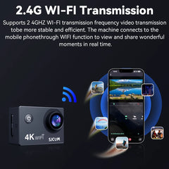 Action camera with smartphone displaying video feed on a dark background, emphasizing 2.4G Wi-Fi transmission.