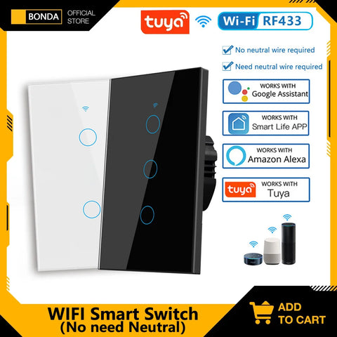 BONDA Tuya WiFi Smart Wall Switch RF433 in black and white, with touch sensor buttons, compatible with Amazon Alexa and Google Assistant, does not require neutral wire.