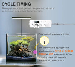 Aquarium setup with temperature control equipment and text about cycle timing and temperature calibration.