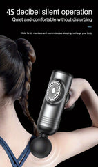 Person using a handheld massage device with text about silent operation on a black background