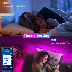 Two people lying in bed with a smartphone showing timing settings for a smart light feature.