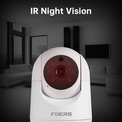 White security camera with red IR lights on a dark background, labeled 'IR Night Vision' and 'FOERS'.