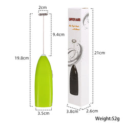 Green kitchen whisk with packaging, measurements, and weight details on a white background