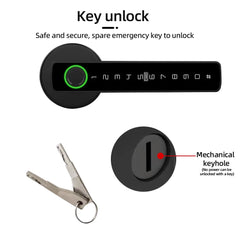 Key unlock system with digital lock, mechanical keyhole, and spare emergency key on a white background.