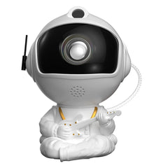 White robot toy with a camera lens on a white background