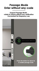 Door lock with digital display and text explaining passage mode feature.