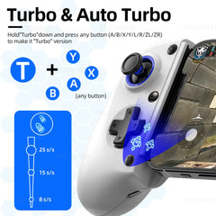 Gaming controller with Turbo and Auto Turbo features displayed on a white background