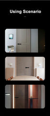 Collage of bathroom scenes with a door and light fixture.