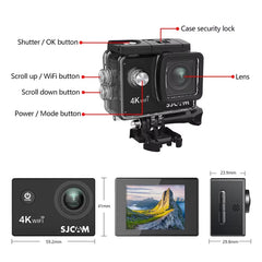 Action camera with labeled parts and dimensions on a white background