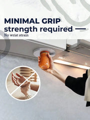 Person using a jar with minimal grip strength required text and wrist strain illustration.