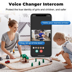 Woman and child playing with a toy train set, with a phone displaying a video call between them.