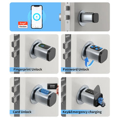 Smart door lock with fingerprint, password, card, and key functions on a white background.