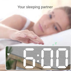 "Curved Mirror LED Alarm Clock with Temperature Display"