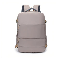 Gray backpack with beige straps on a white background