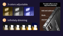 Light control device with adjustable color options and dimming features on a dark background.