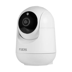 White security camera with black lens on a white background