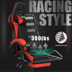 "Gaming Chair with Footrest – Ergonomic Design, Adjustable Height, Lumbar and Head Support, Reclining Backrest"