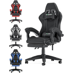 "Gaming Chair with Footrest – Ergonomic Design, Adjustable Height, Lumbar and Head Support, Reclining Backrest"