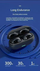 Black wireless earbuds in charging case with blue background and text about endurance and power consumption.
