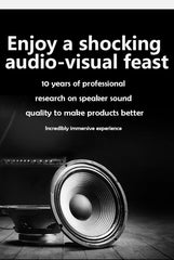 Black and white image of a speaker with text about audio-visual quality and research on speaker sound.