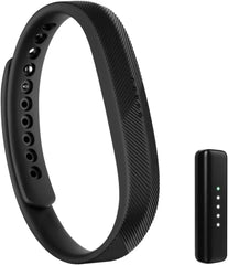 Black fitness tracker with band on a white background