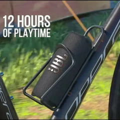 JBL speaker attached to a bicycle with '12 Hours of Playtime' text