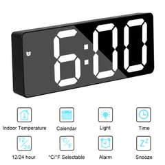 "Curved Mirror LED Alarm Clock with Temperature Display"