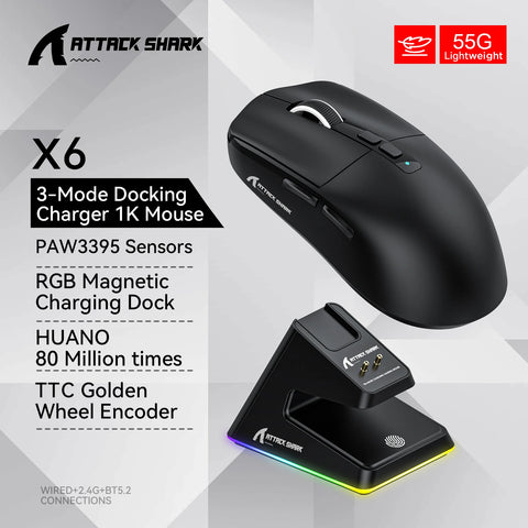 "Attack Shark X6 PAW3395 Gaming Mouse – Tri-Mode Bluetooth/2.4G/Wired, RGB, Macro Support, Magnetic Charging Base"