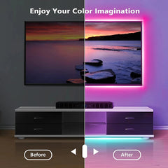 Before and after comparison of a TV setup with LED strip lights enhancing the display.