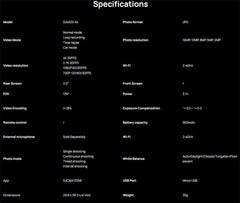 Specifications table of a device on a black background