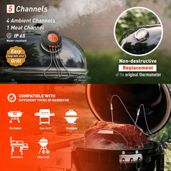Barbecue thermometer with smoking meat and compatibility with various types of barbecue on an orange background.