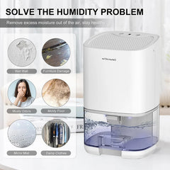 White humidifier with text 'Solve the Humidity Problem' and images of issues it addresses.