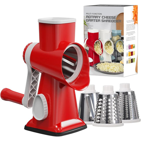 Red rotary cheese grater with packaging and additional grating heads on a white background