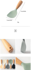 Set of kitchen utensils including a spatula, spoon, and ladle with measurements and color options.