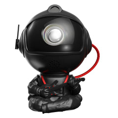 Black robot figurine with a red cord on a white background