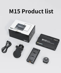 M15 product list with packaging, accessories, and components on a light gray background