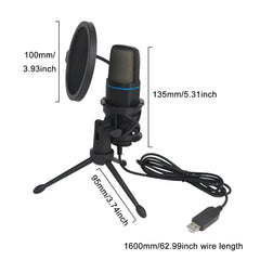 Microphone with stand and pop filter, showing dimensions and cable length on a white background