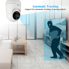Smart home security camera with automatic tracking feature in a living room setting.