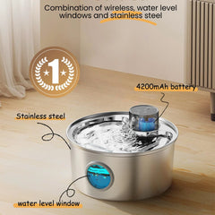 Stainless steel pet water fountain with water level window and battery indicator on a wooden floor.