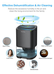 Dehumidifier with text and icons highlighting its functions on a white background