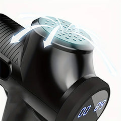 Black handheld vacuum cleaner with digital display on a white background