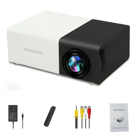 White and black projector with accessories on a white background