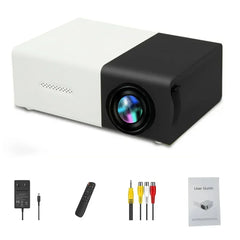 White and black projector with accessories on a white background