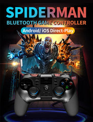 Spider-Man themed Bluetooth game controller with screen displaying superhero graphic on a dark background.